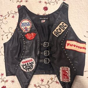 Black Leather Vest with Vintage Patches